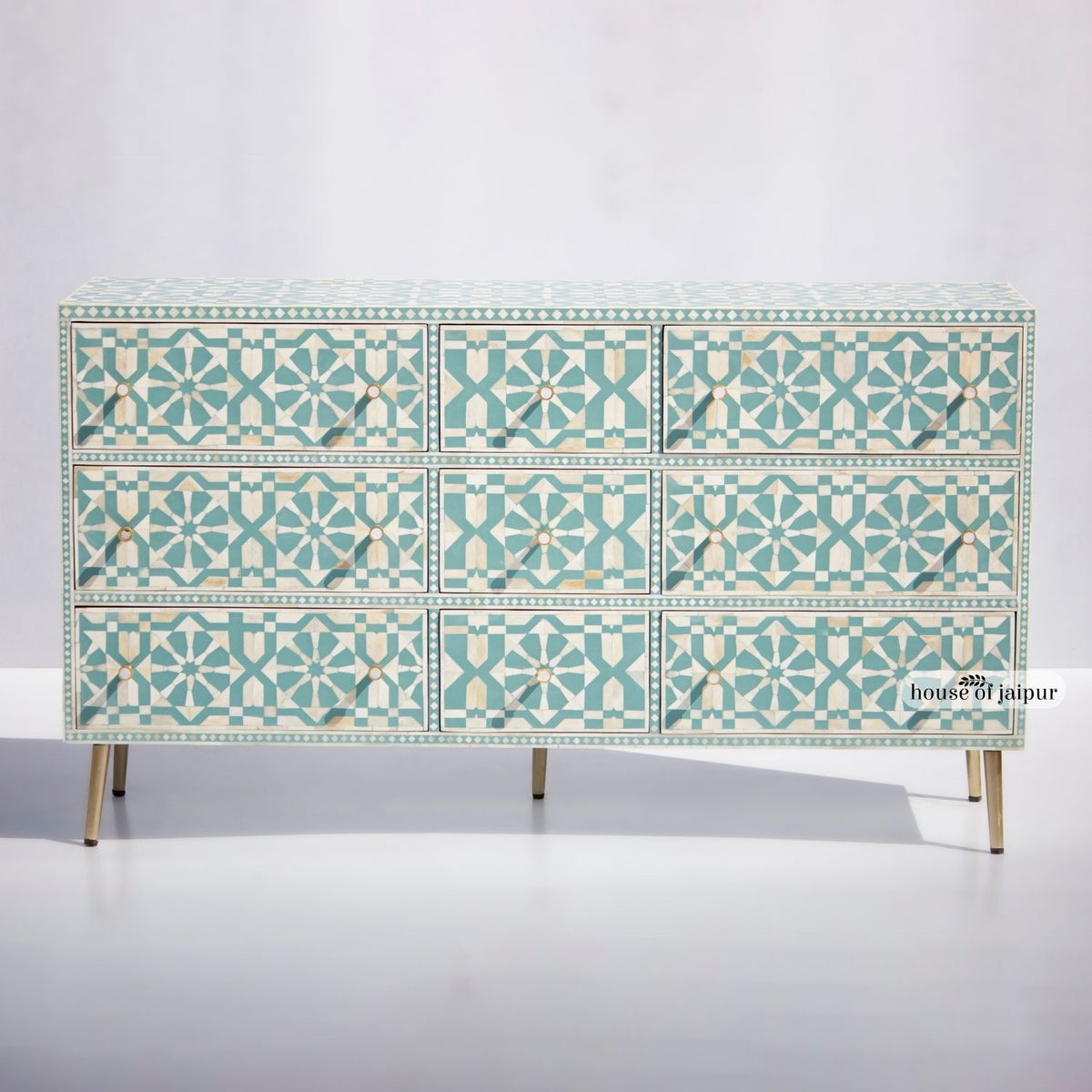 Moroccan Inlay Mint Green Nine Drawer Dresser