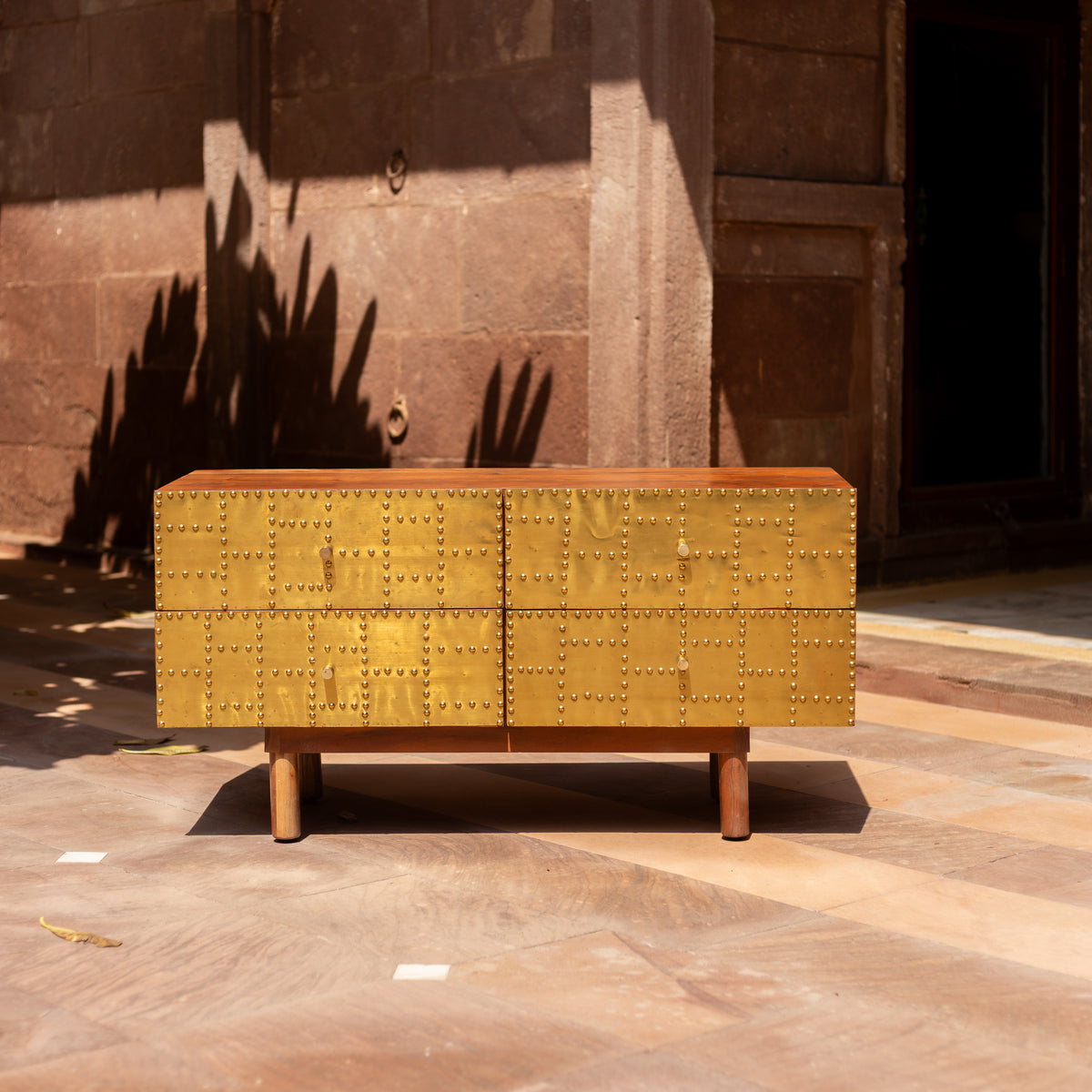Kansa Brass Clad Four Drawer Low Dresser