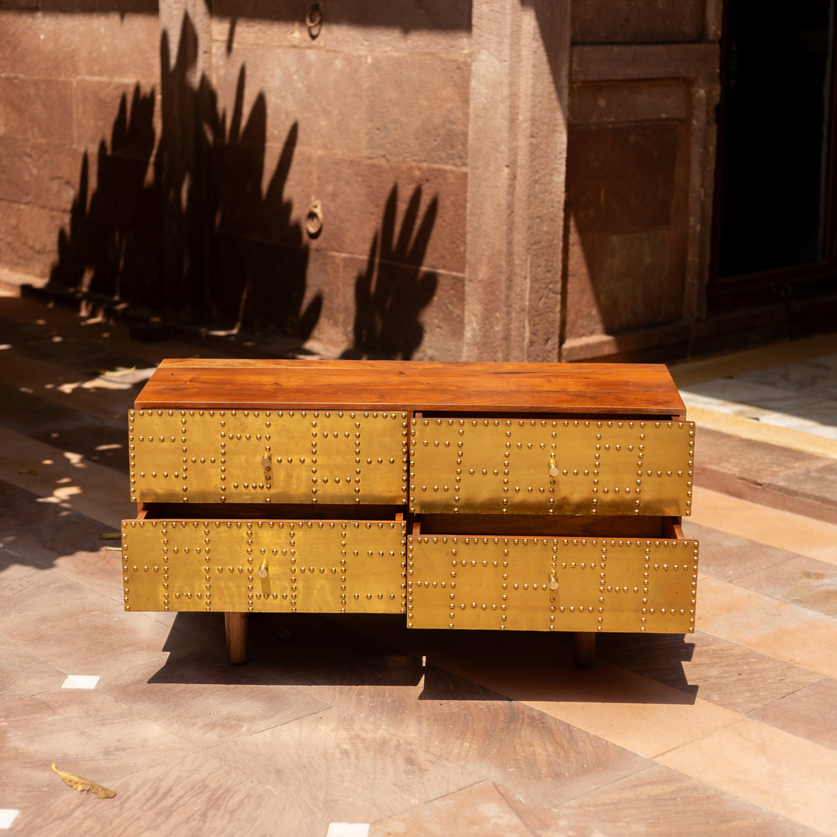 Kansa Brass Clad Four Drawer Low Dresser