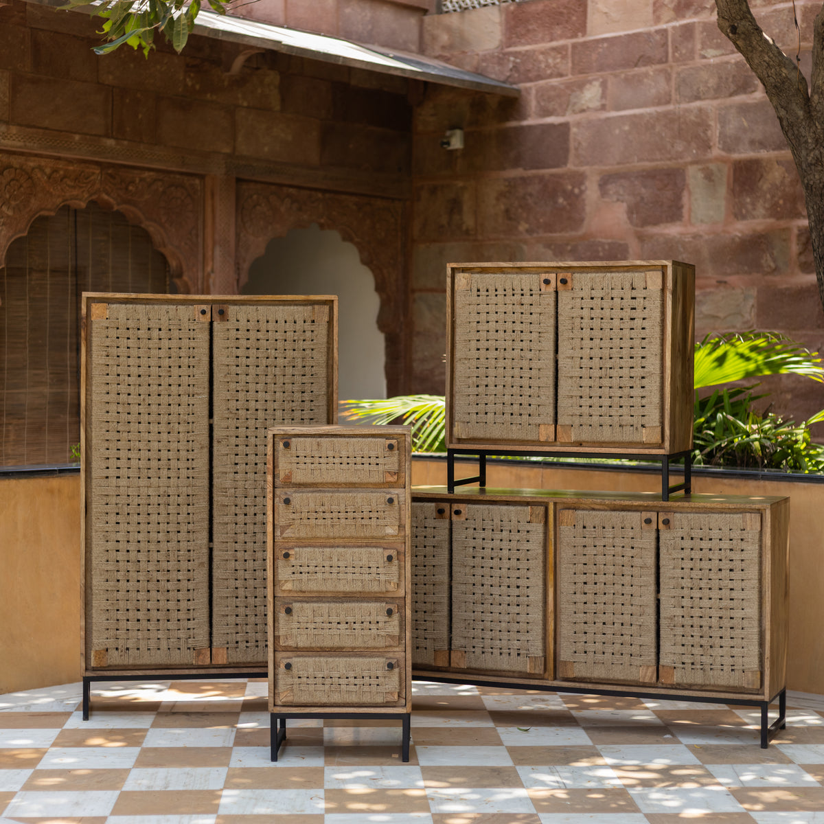 Tantu Handwoven Jute & Solid Wood Four Door Sideboard