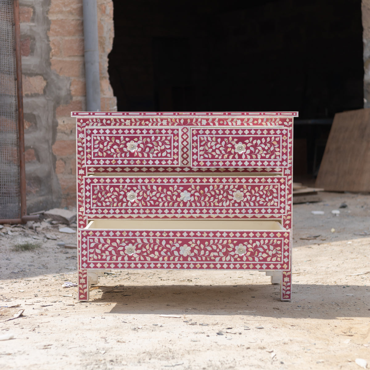 Arabesque Pink Mother of Pearl Inlay Four Drawer Chest