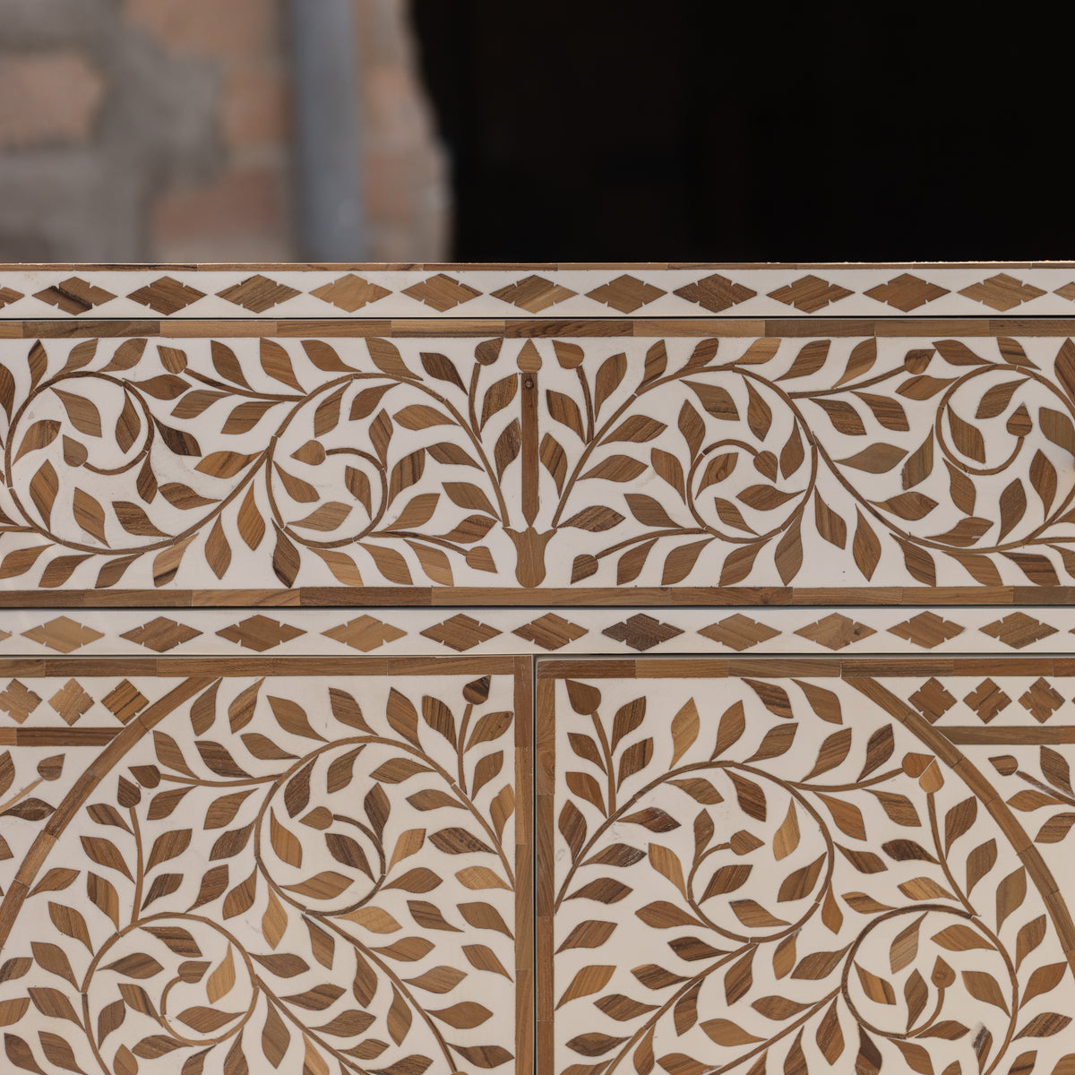 Arabesque Teak Wood Inlay Two-Door Accent Cabinet