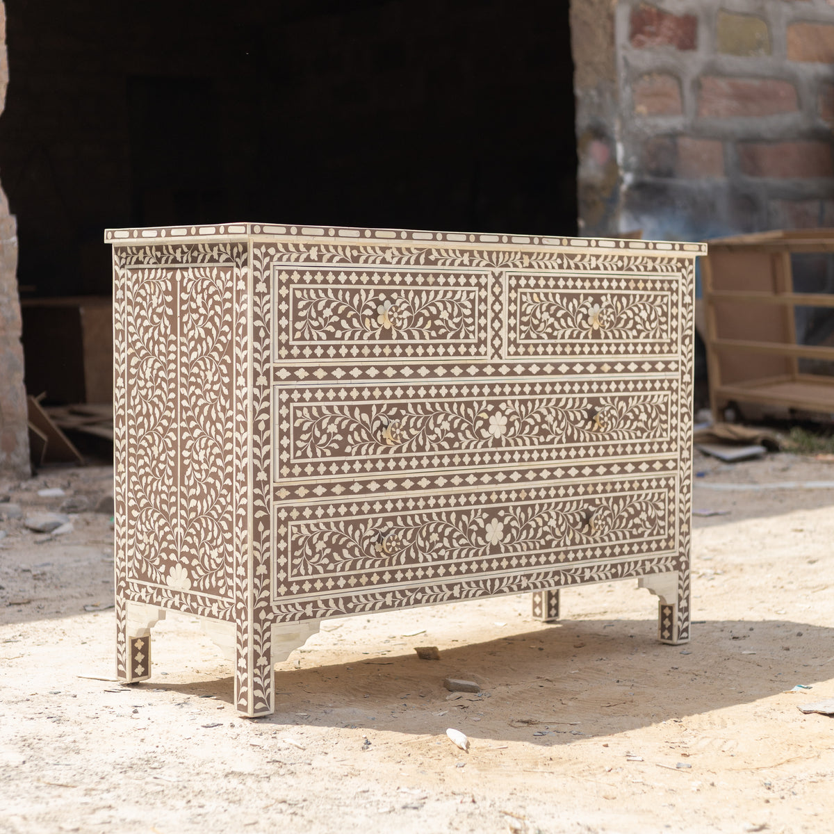 Arabesque Bone Inlay Four-Drawer Chest – Brown