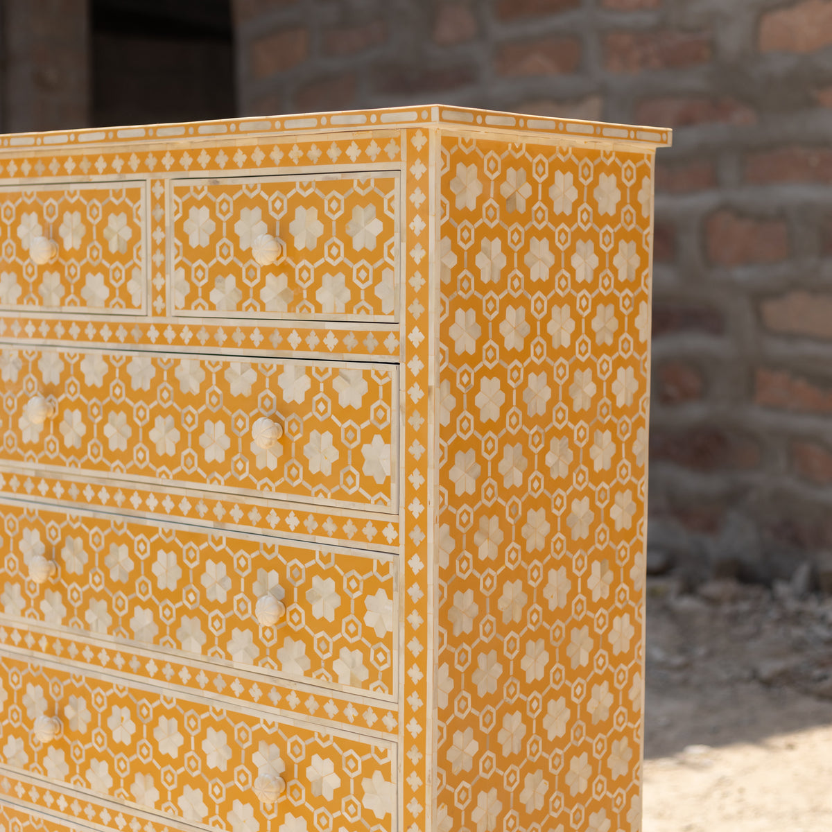 Honeycomb Bone Inlay Seven-Drawer Tallboy Dresser - Yellow