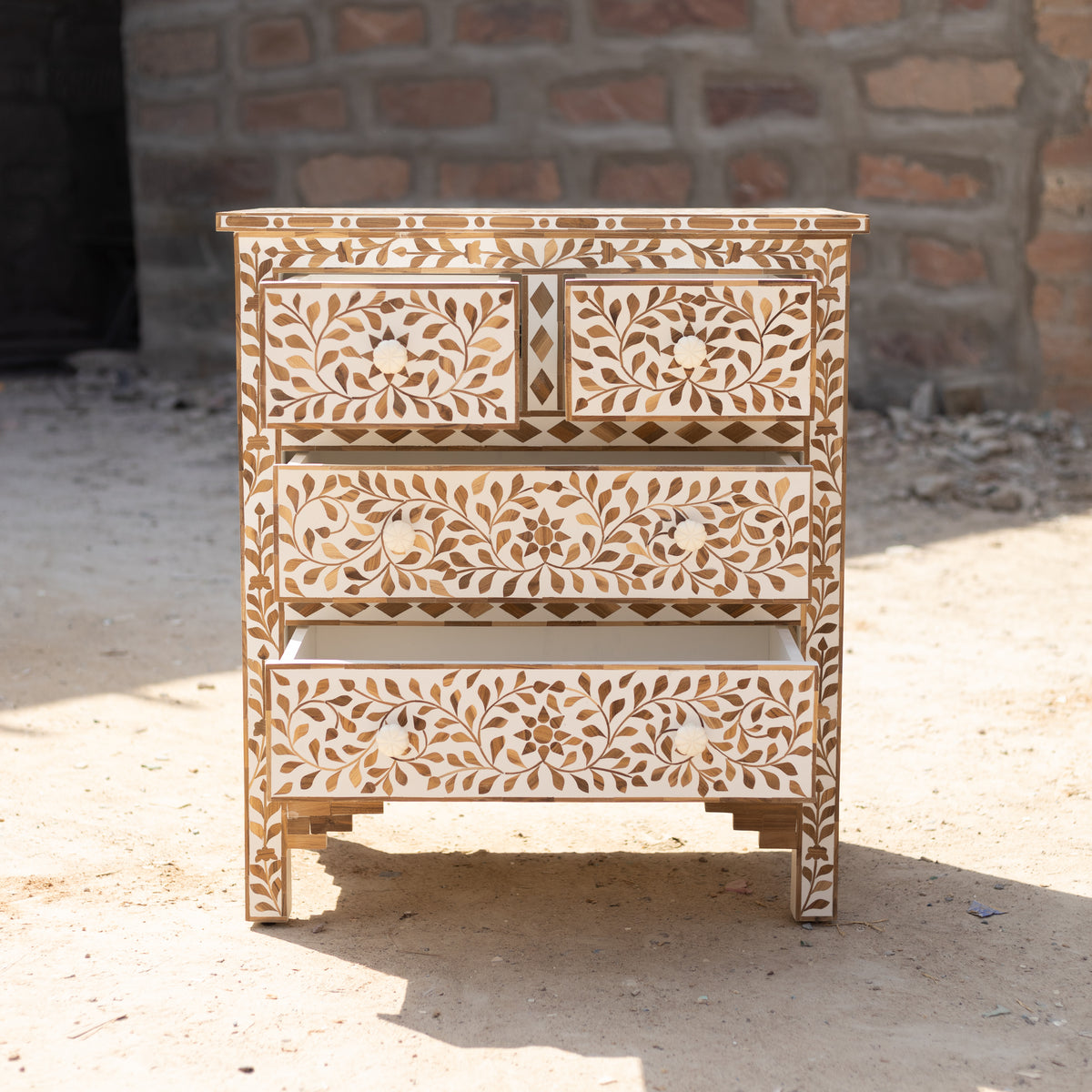 Arabesque Teak Wood Inlay Four-Drawer Chest