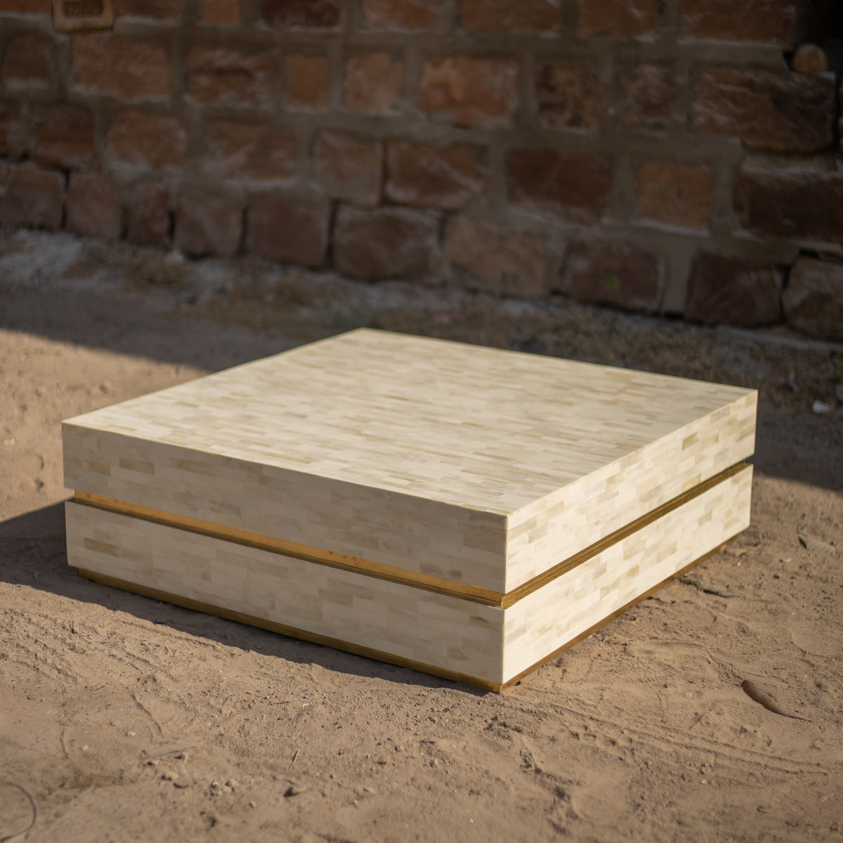 Strata Inlay Square Coffee Table - Natural Bone & Brass