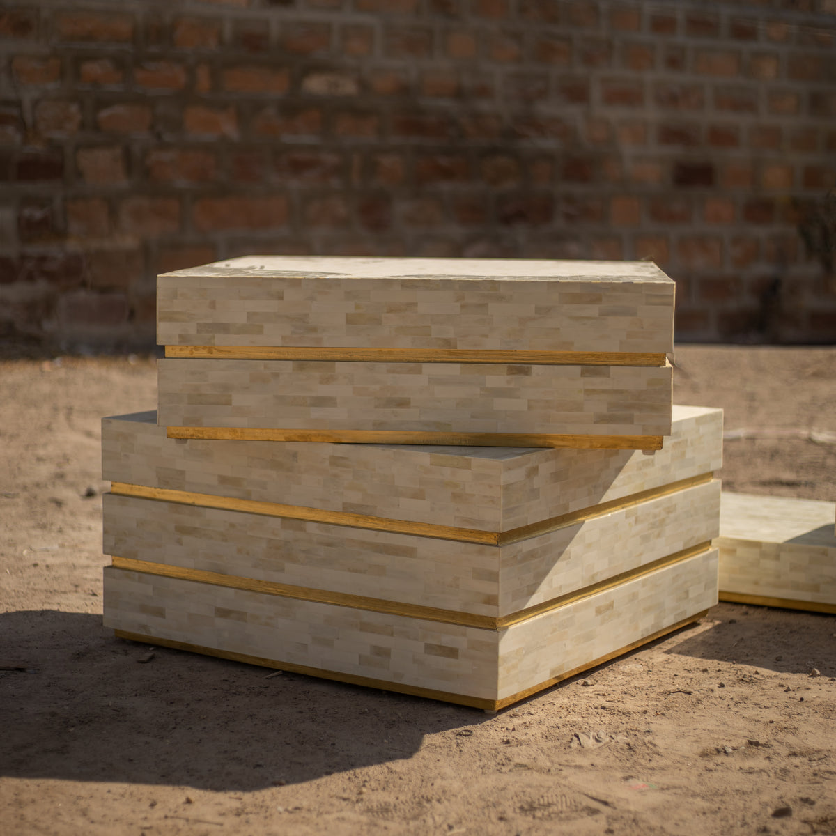 Strata Inlay Square Coffee Table - Natural Bone & Brass