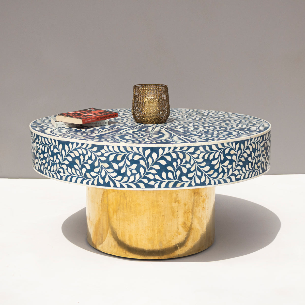 Arabesque Round Bone Inlay Coffee Table - Indigo Blue