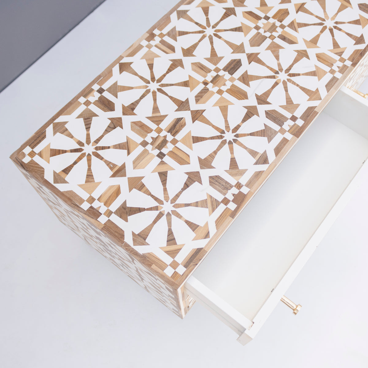 Moroccan Teak Wood Inlay Six Drawer Media Console