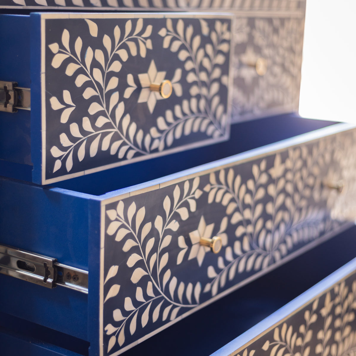 Arabesque Floral Bone Inlay Four-Drawer Chest – Midnight Blue