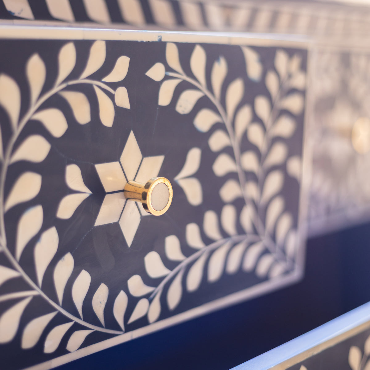 Arabesque Floral Bone Inlay Four-Drawer Chest – Midnight Blue