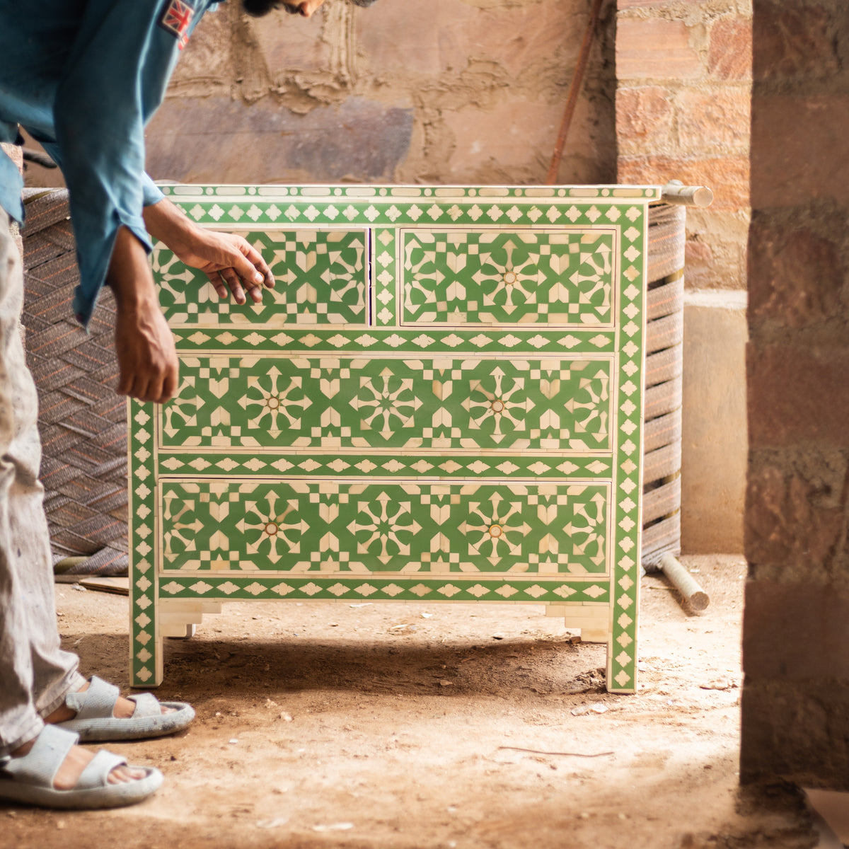 Moroccan Inlay Mint Green Four Drawer Dresser