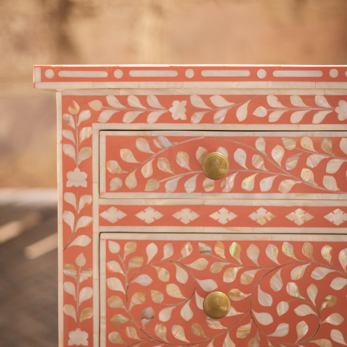 Arabesque Bone Inlay Five-Drawer Tallboy - Coral