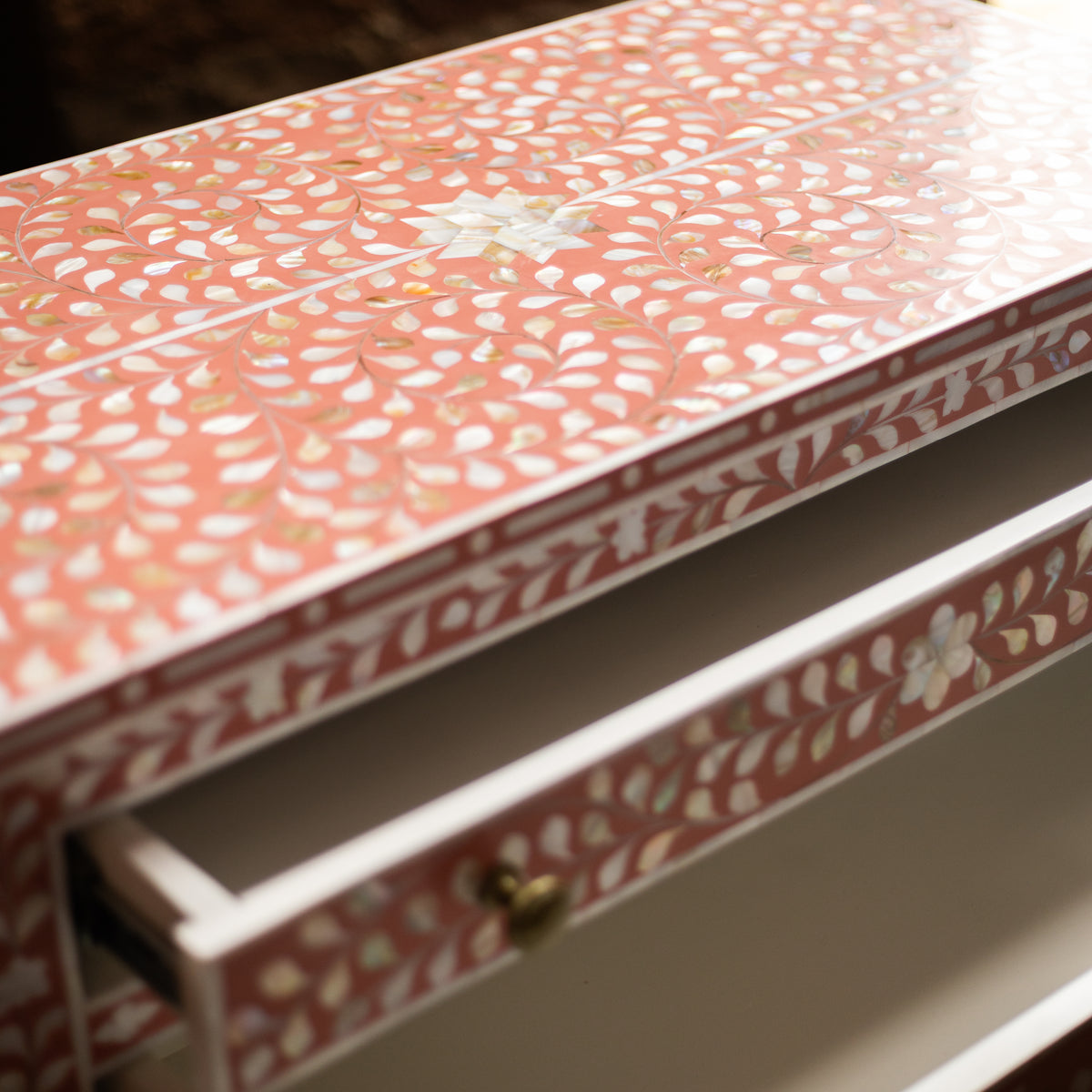 Arabesque Bone Inlay Five-Drawer Tallboy - Coral