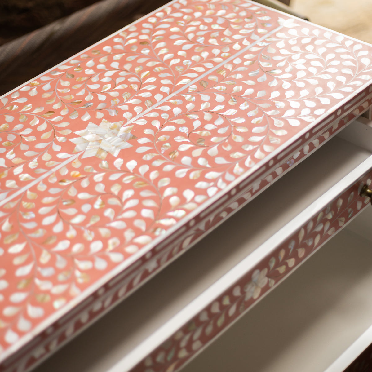 Arabesque Bone Inlay Five-Drawer Tallboy - Coral