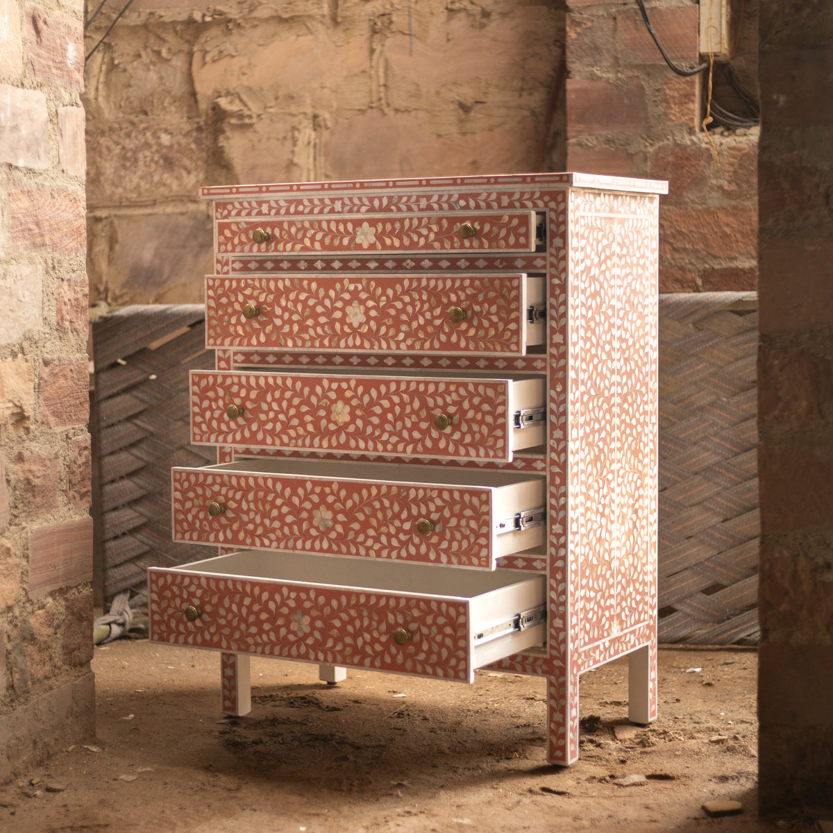 Arabesque Bone Inlay Five-Drawer Tallboy - Coral