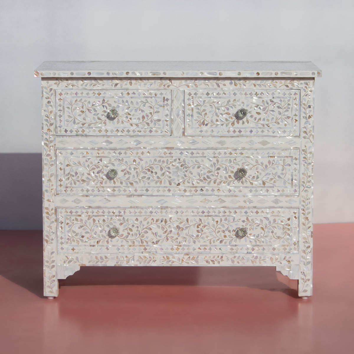 Arabesque Mother of Pearl Inlay Four Drawer Chest - White