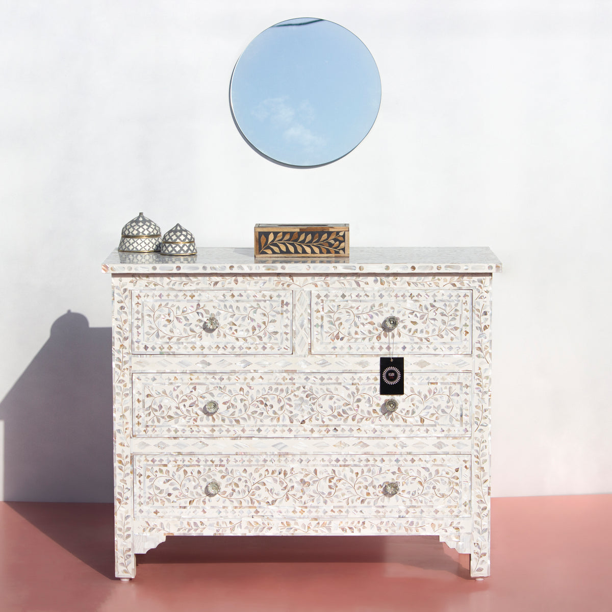Arabesque Mother of Pearl Inlay Four Drawer Chest - White