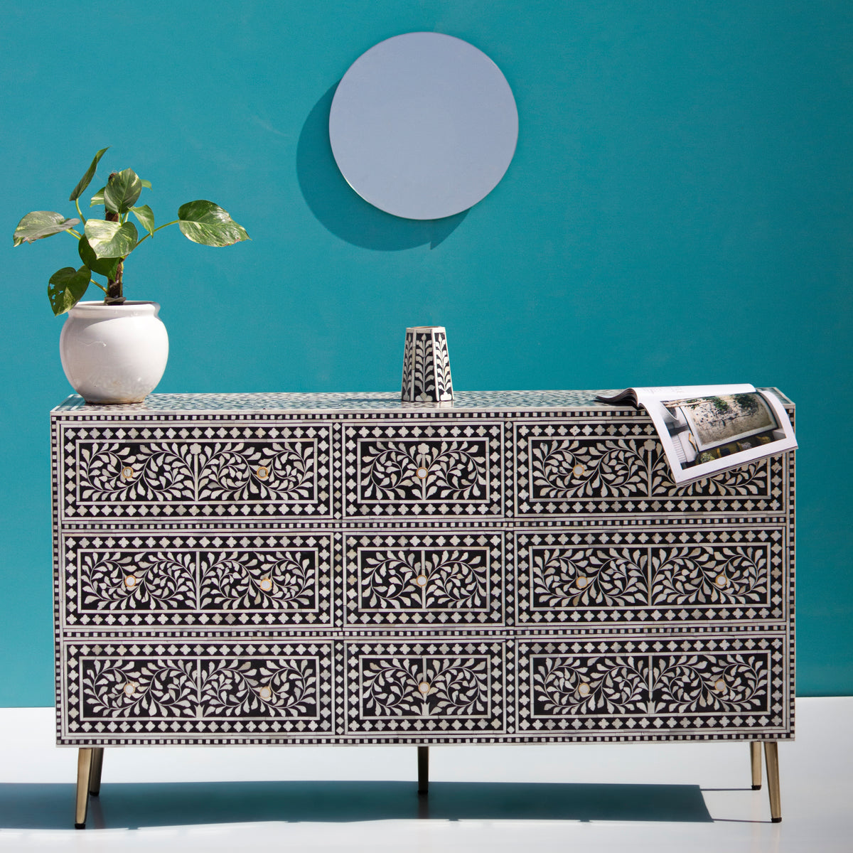 Arabesque Bone Inlay Nine-Drawer Dresser – Black