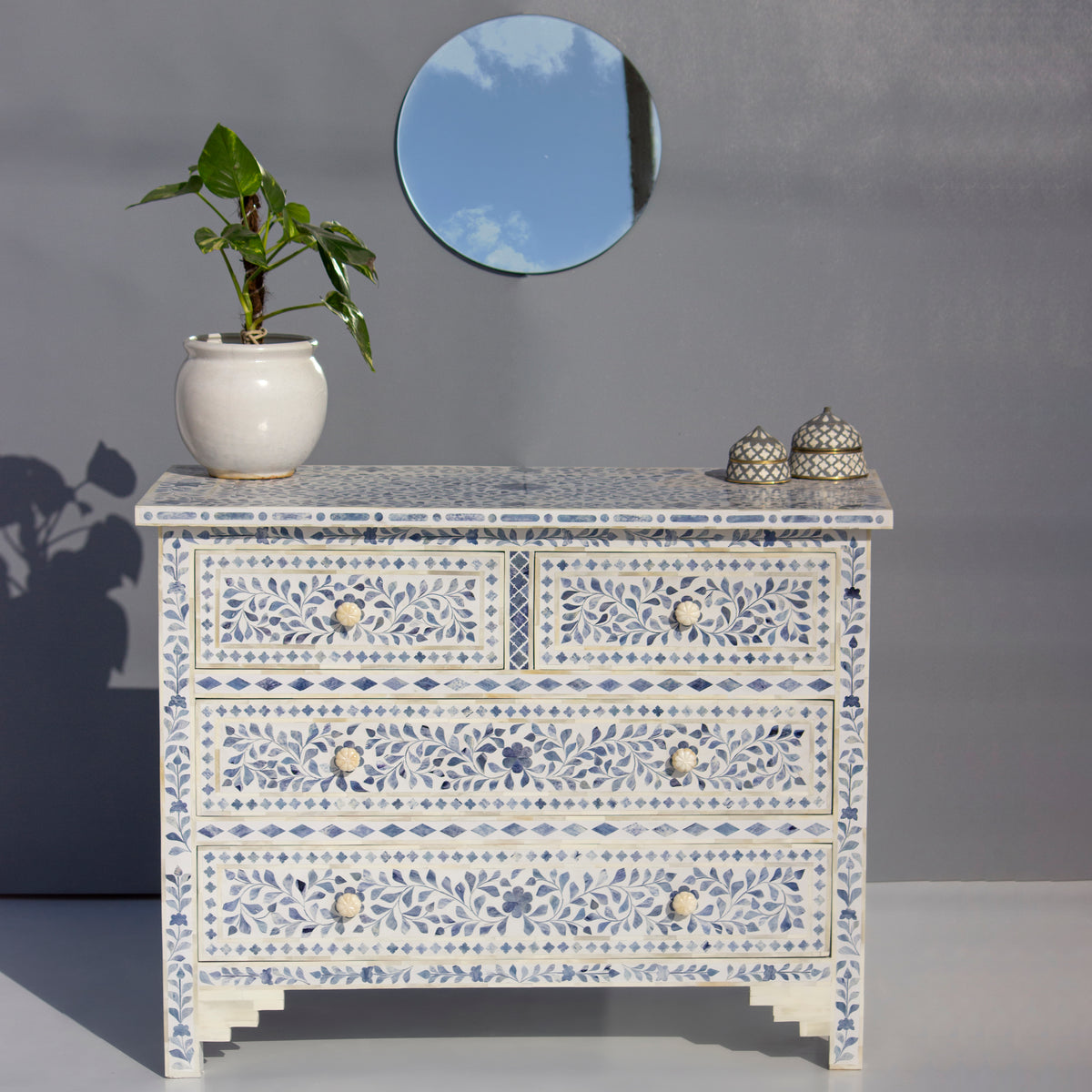 Arabesque Blue Dyed Bone Inlay Four Drawer Chest – White