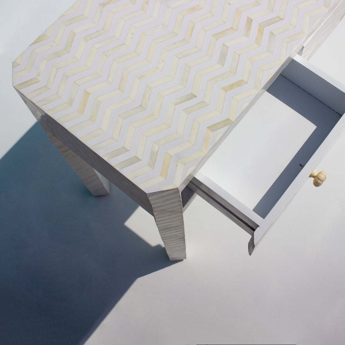 Veyra Chevron Inlay Three-Drawer Console Table – White