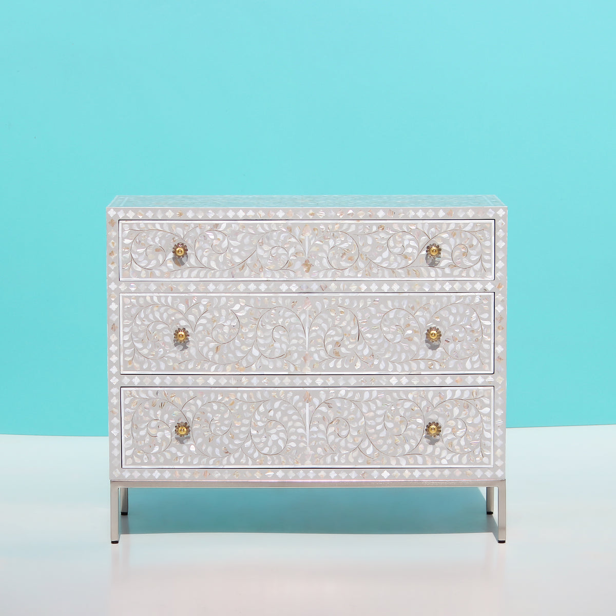 Arabesque Mother of Pearl Inlay Three-Drawer Dresser - Grey
