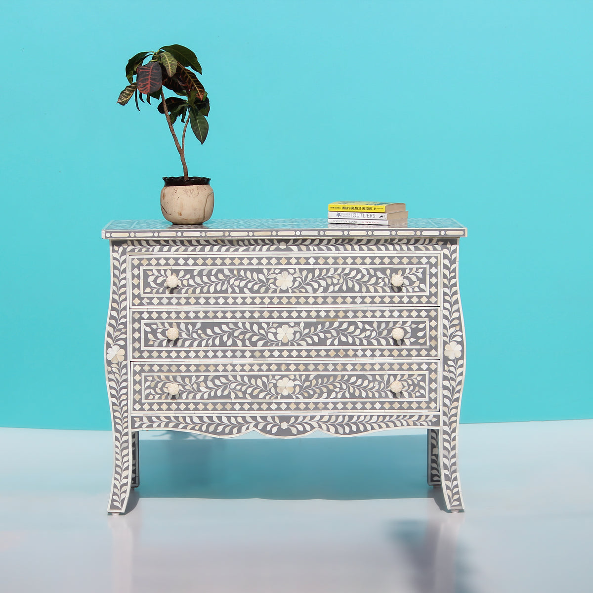 French Bombay Style Arabesque Bone Inlay Three-Drawer Chest – Grey