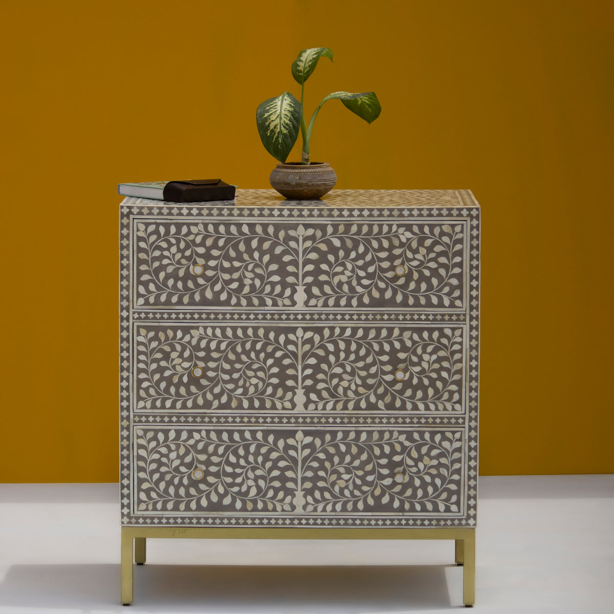 Arabesque Bone Inlay Three-Drawer Chest - Grey