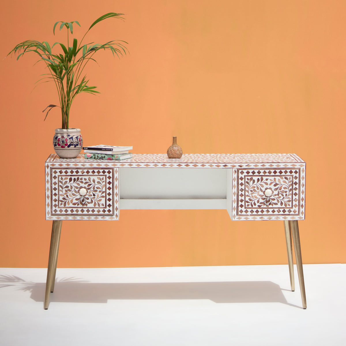 Arabesque Teak Inlay Writing Desk