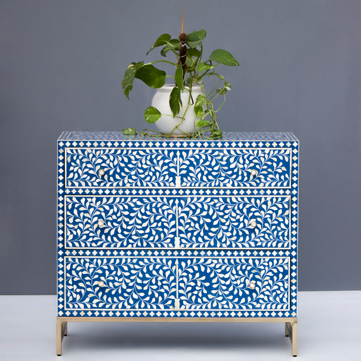 Arabesque Bone Inlay Three-Drawer Dresser - Blue