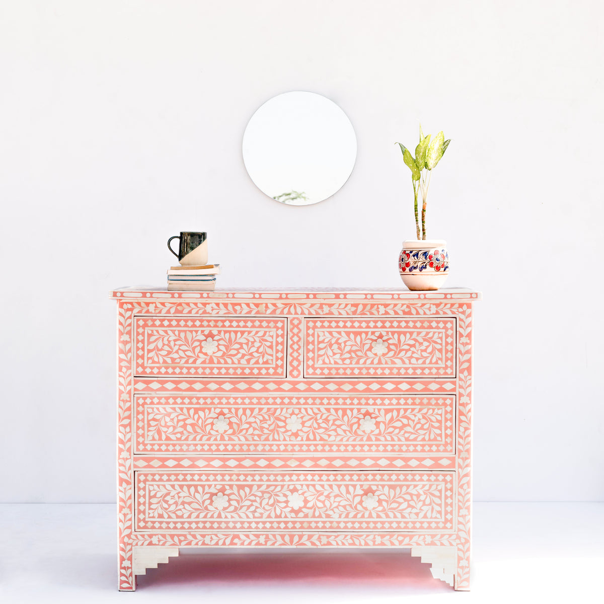 Arabesque Bone Inlay Four-Drawer Chest – Coral Pink