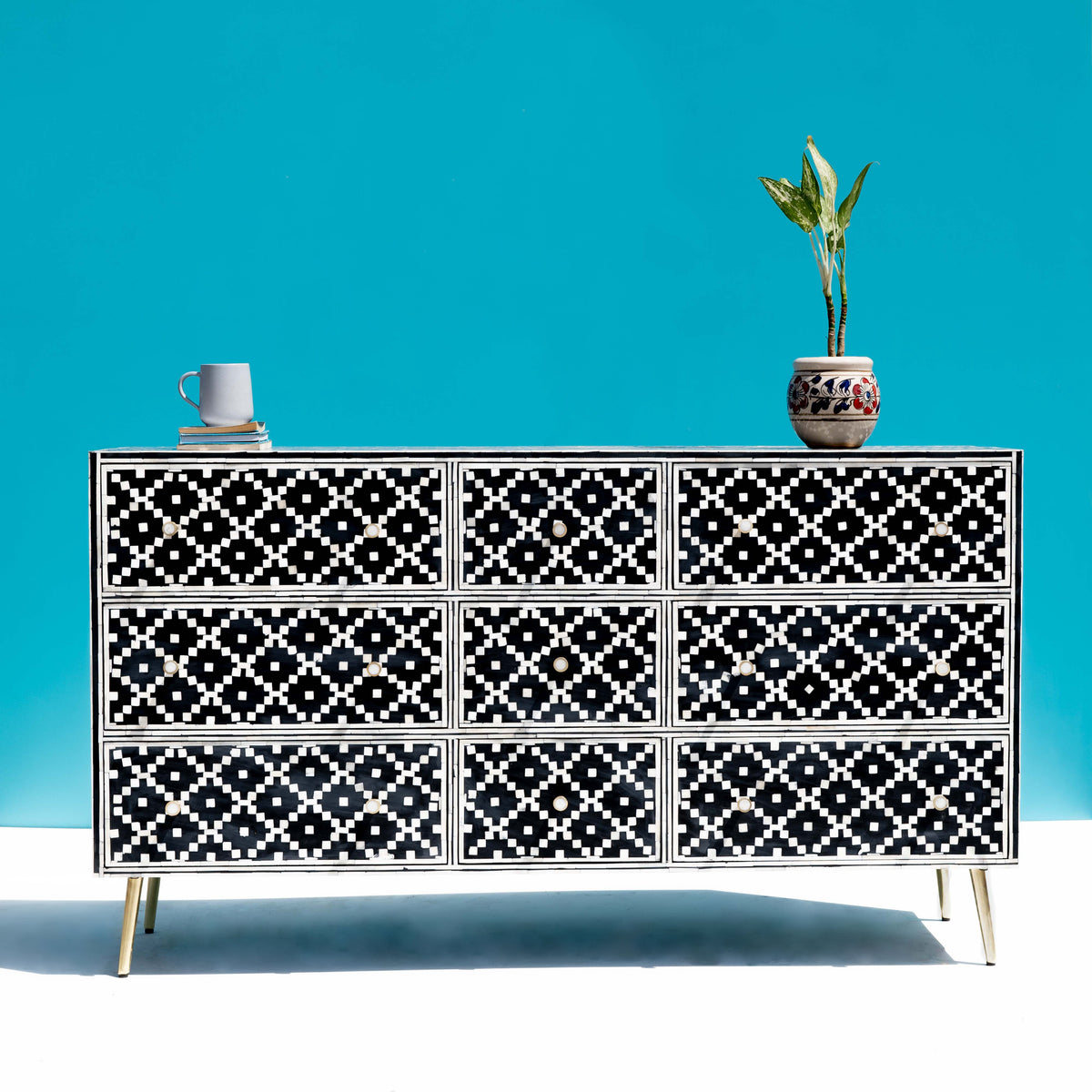 Pixel Lattice Inlay Nine-Drawer Dresser