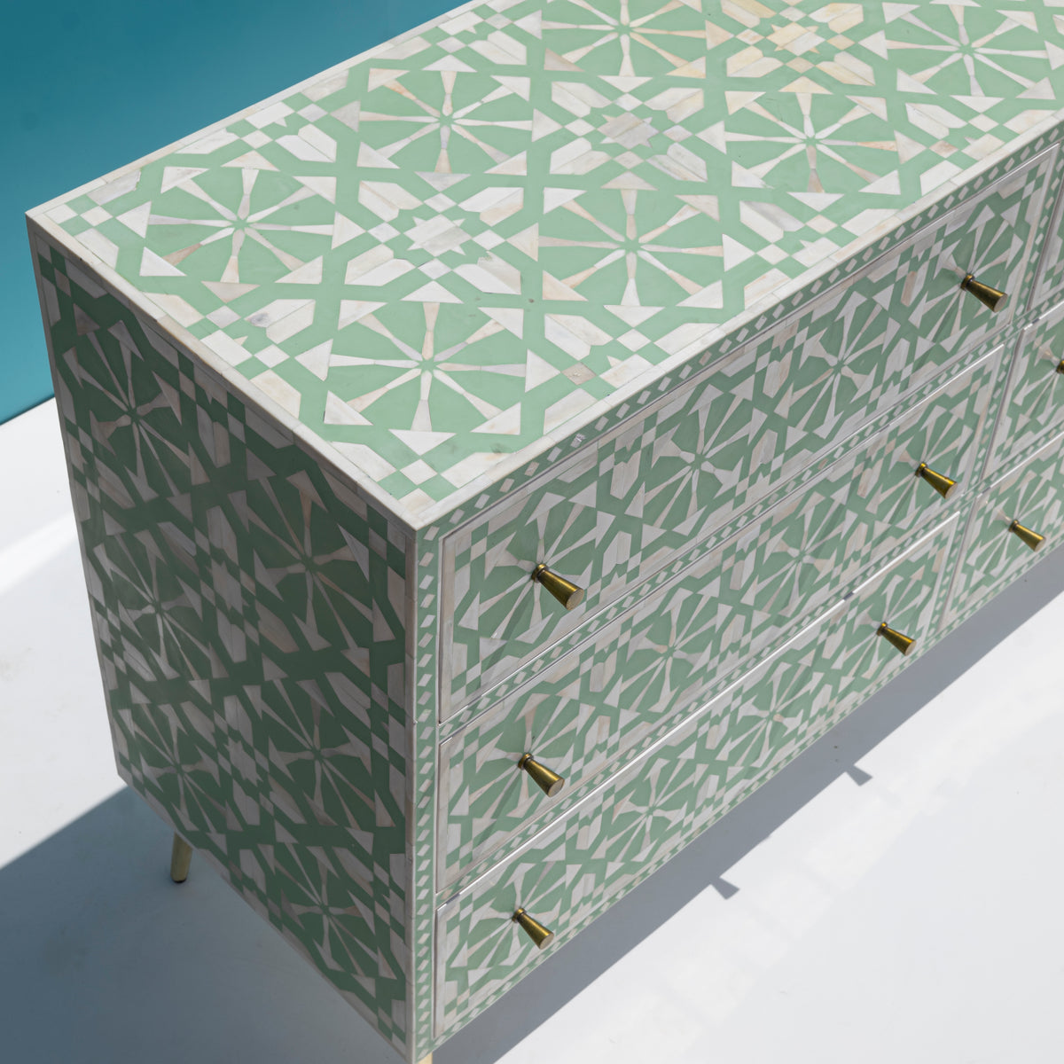 Moroccan Inlay Mint Green Six Drawer Dresser