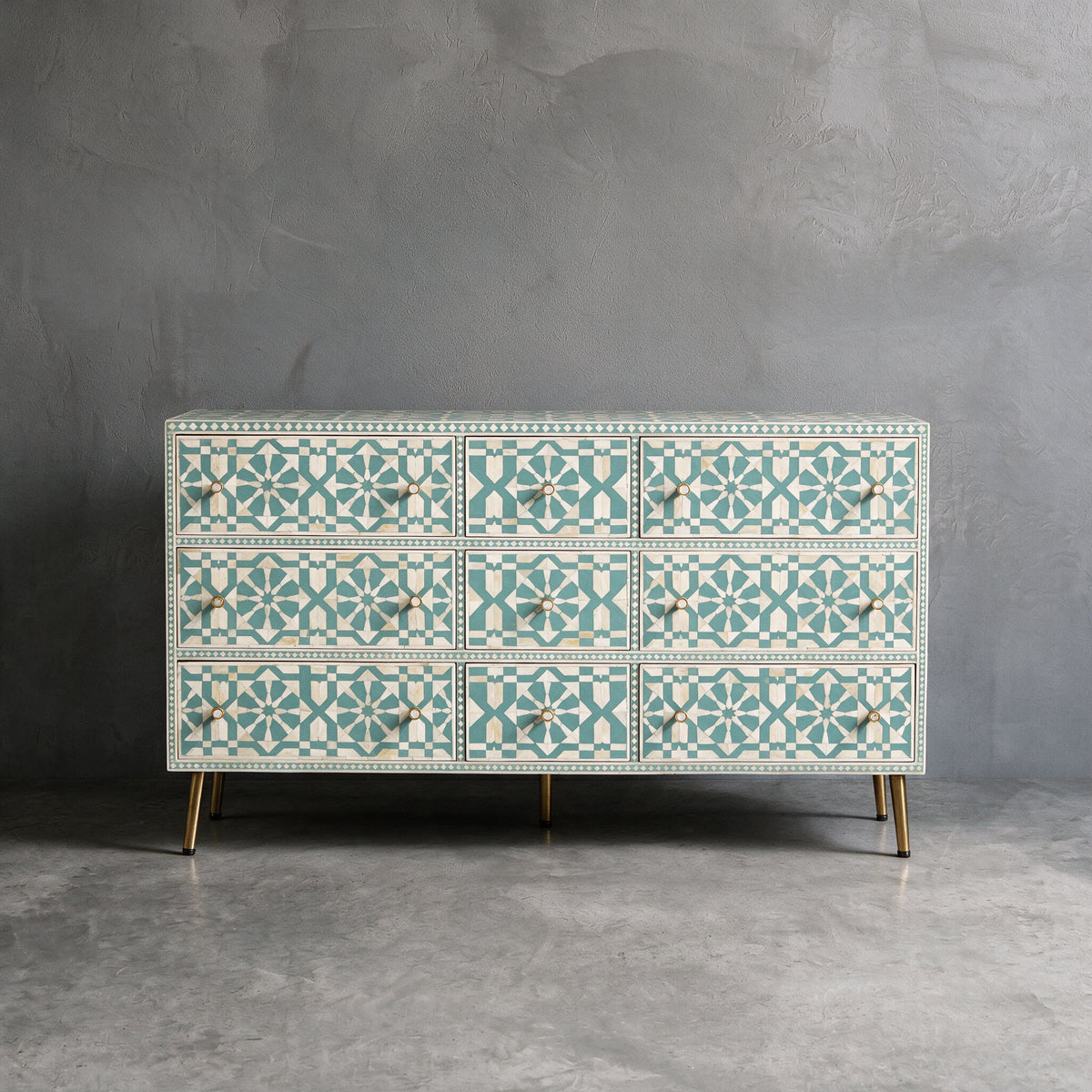 Moroccan Inlay Mint Green Nine Drawer Dresser