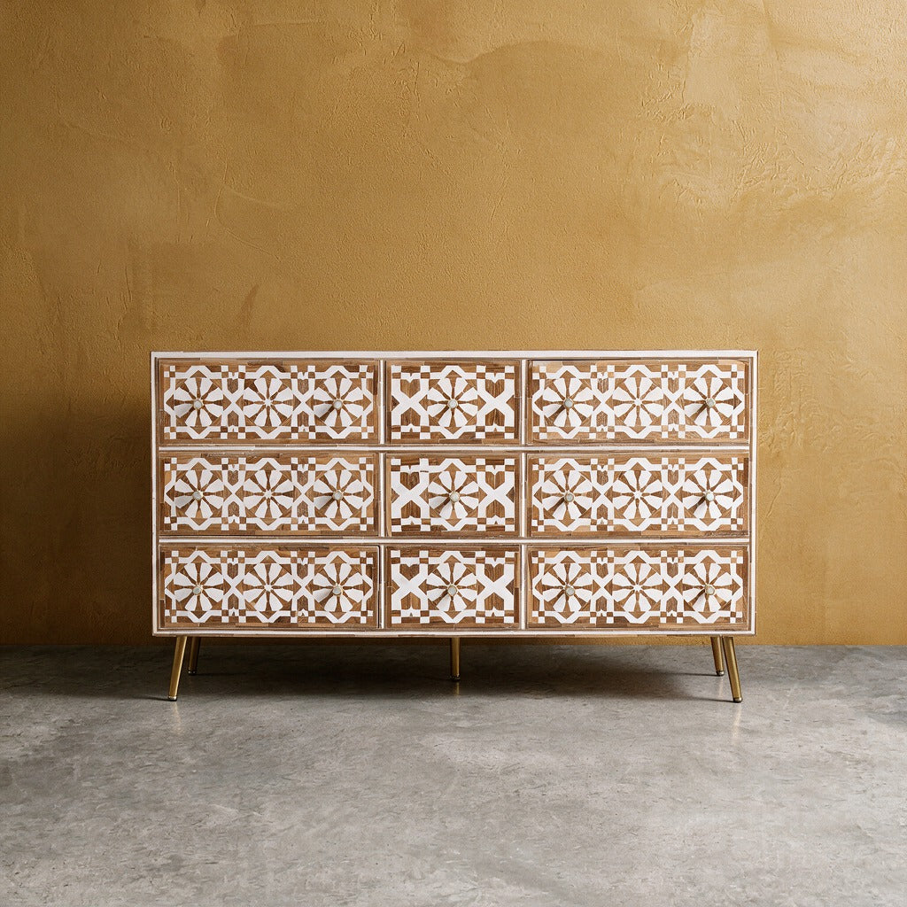 Moroccan Inlay Nine Drawer Dresser - Teak