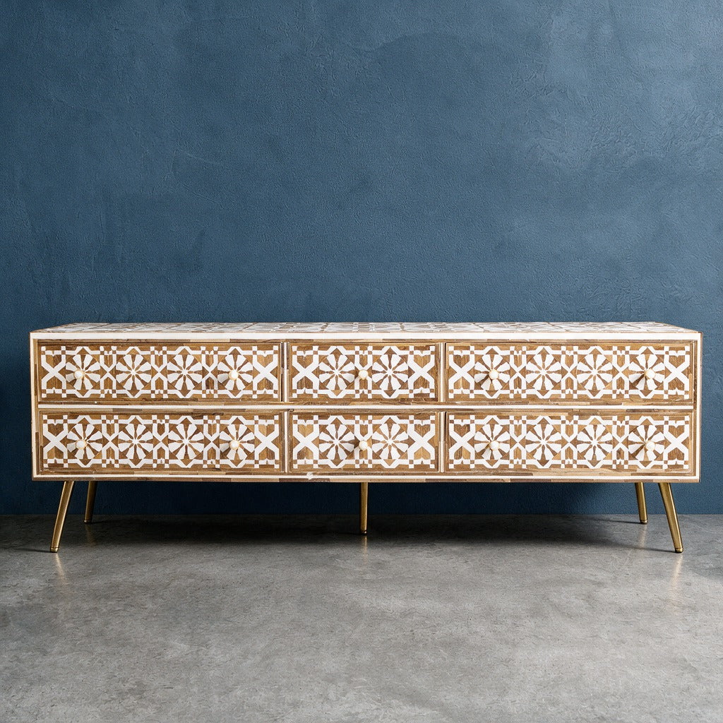 Moroccan Teak Wood Inlay Six Drawer Media Console