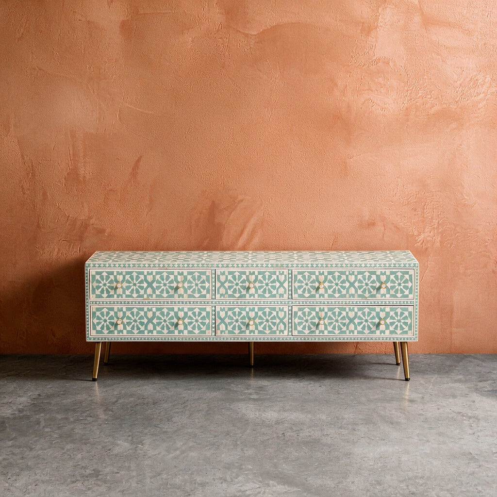 Moroccan Bone Inlay Six-Drawer Media Console