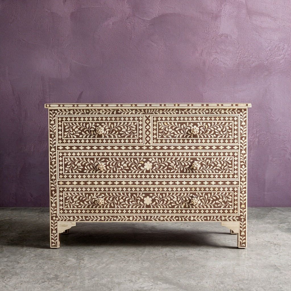 Arabesque Bone Inlay Four-Drawer Chest – Brown
