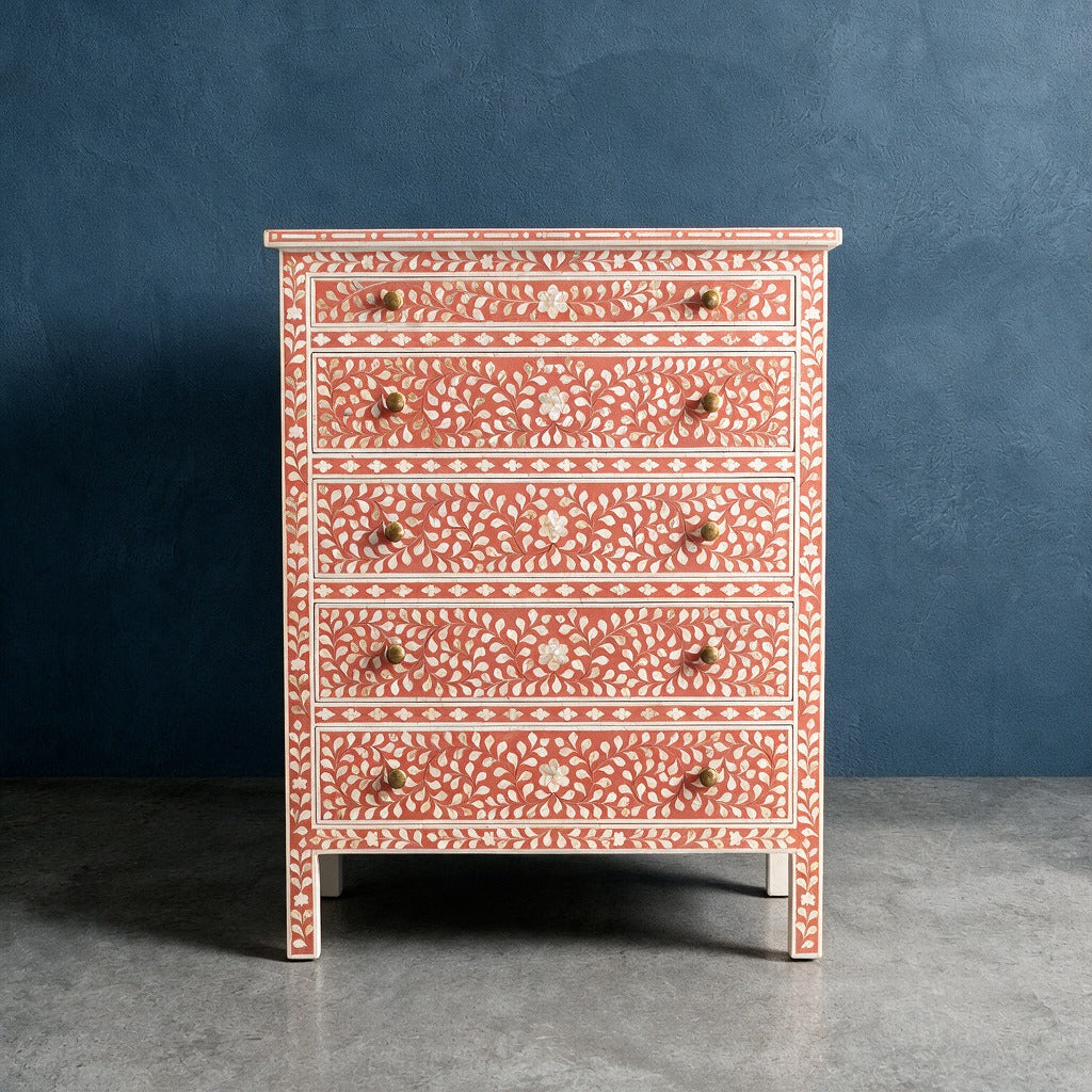 Arabesque Bone Inlay Five-Drawer Tallboy - Coral