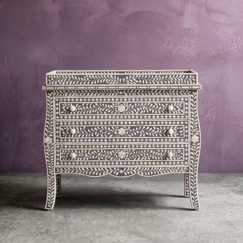 French Bombay Style Arabesque Bone Inlay Changing Table – Grey