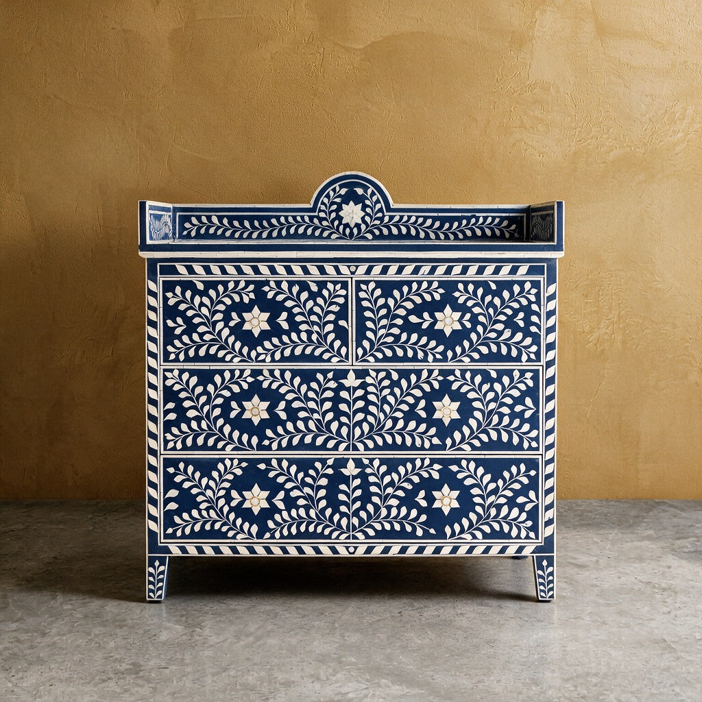 Arabesque Floral Bone Inlay Four-Drawer Chest – Midnight Blue