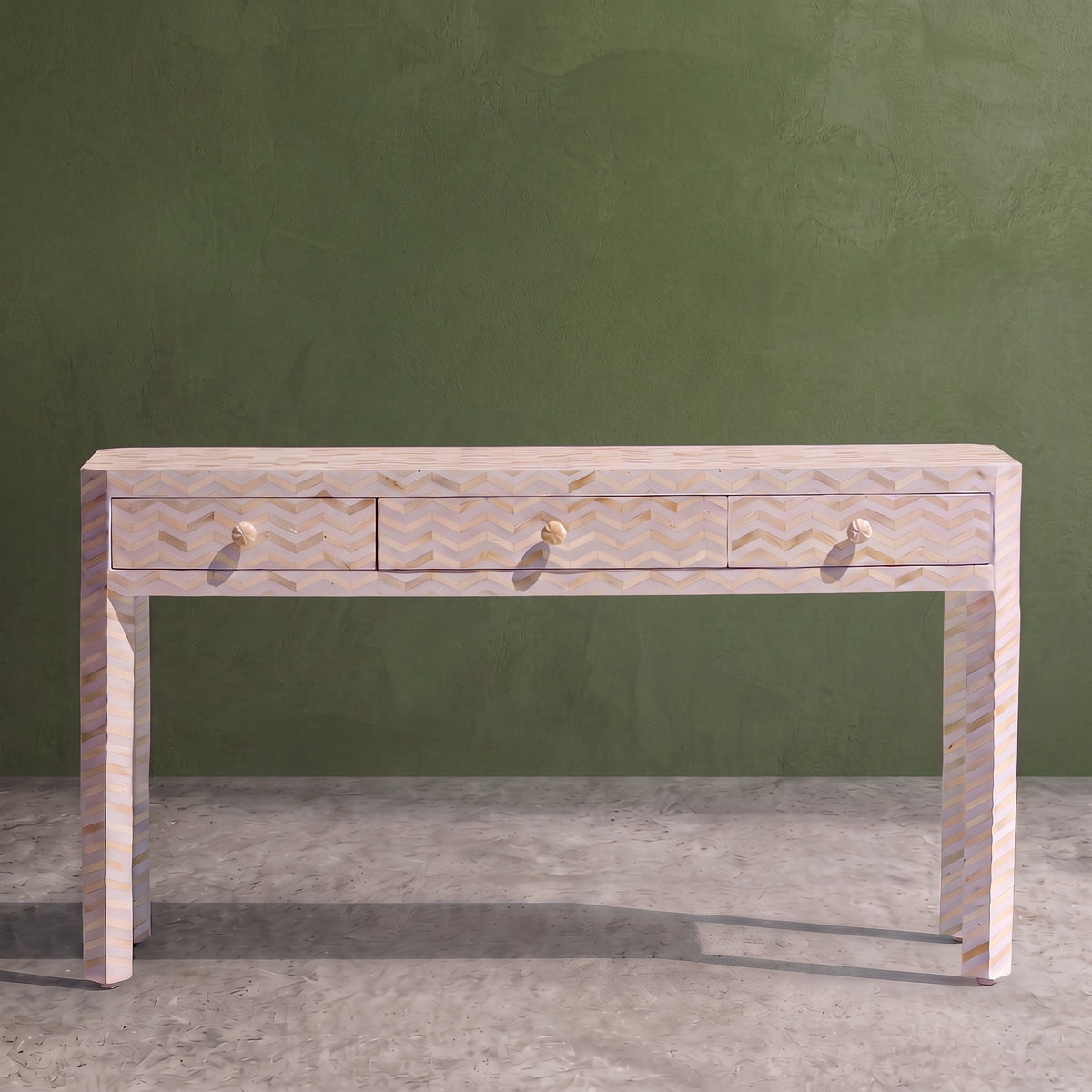 Veyra Chevron Inlay Three-Drawer Console Table – White