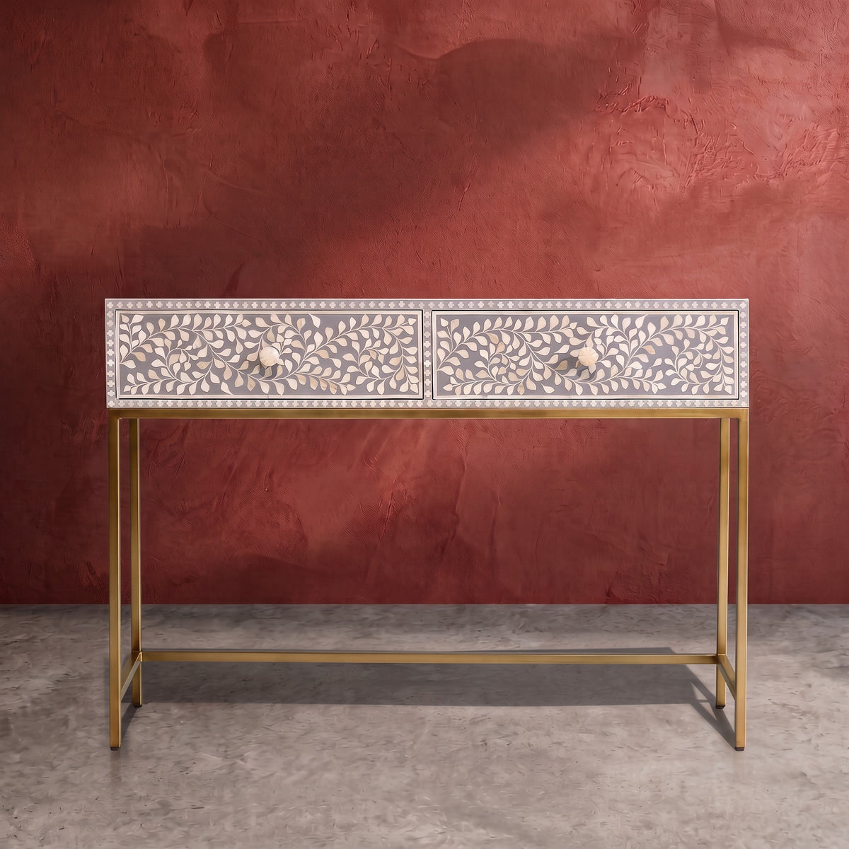 Arabesque Bone Inlay Two-Drawer Console Table - Grey