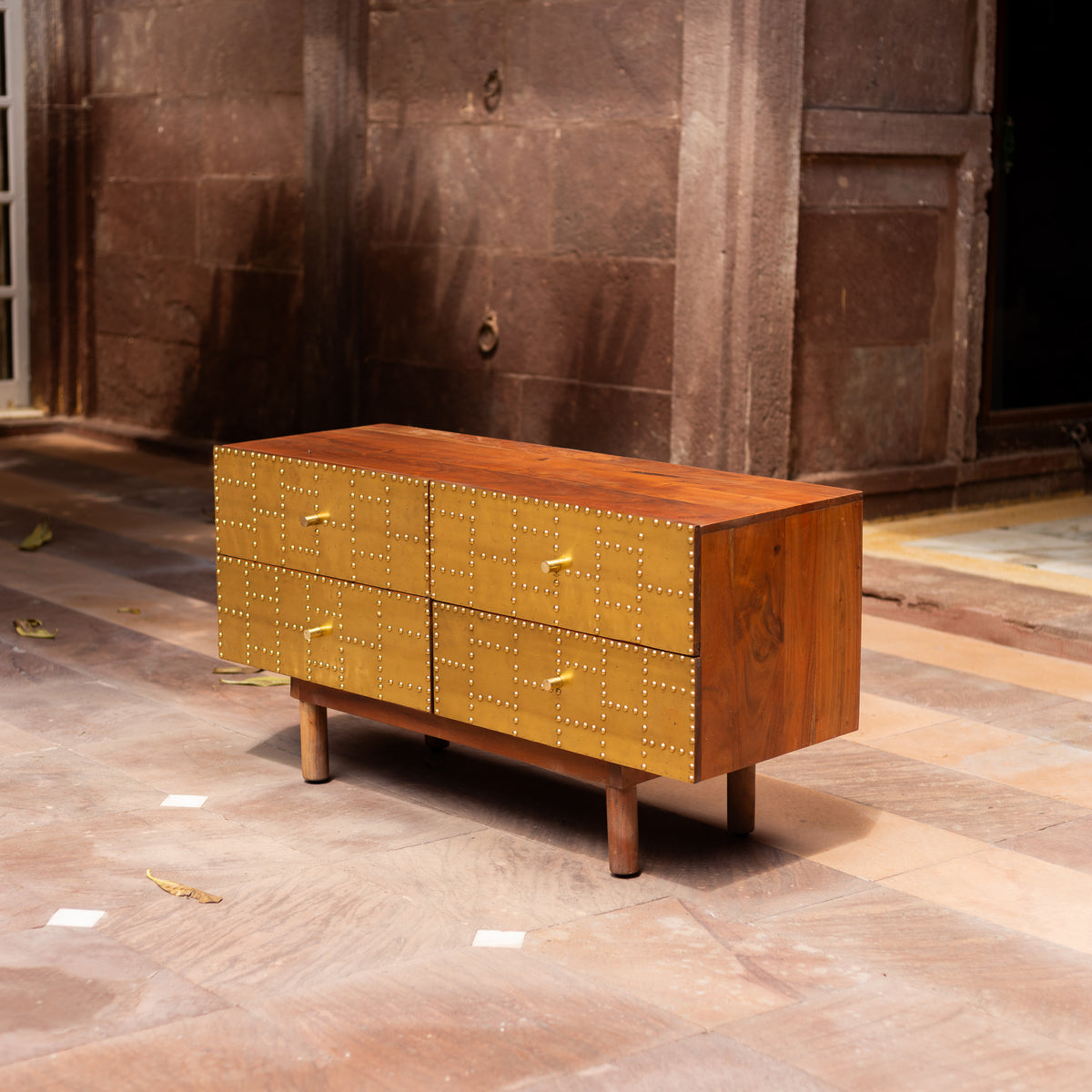 Kansa Brass Clad Four Drawer Low Dresser