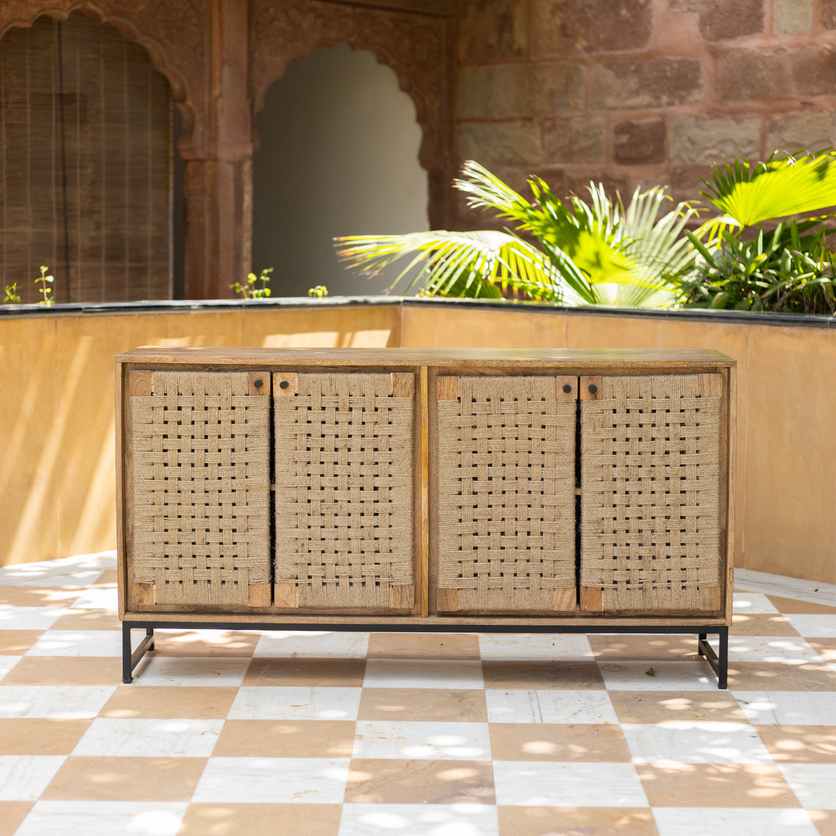 Tantu Handwoven Jute & Solid Wood Four Door Sideboard