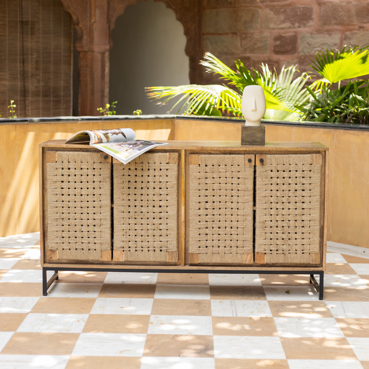 Tantu Handwoven Jute & Solid Wood Four Door Sideboard