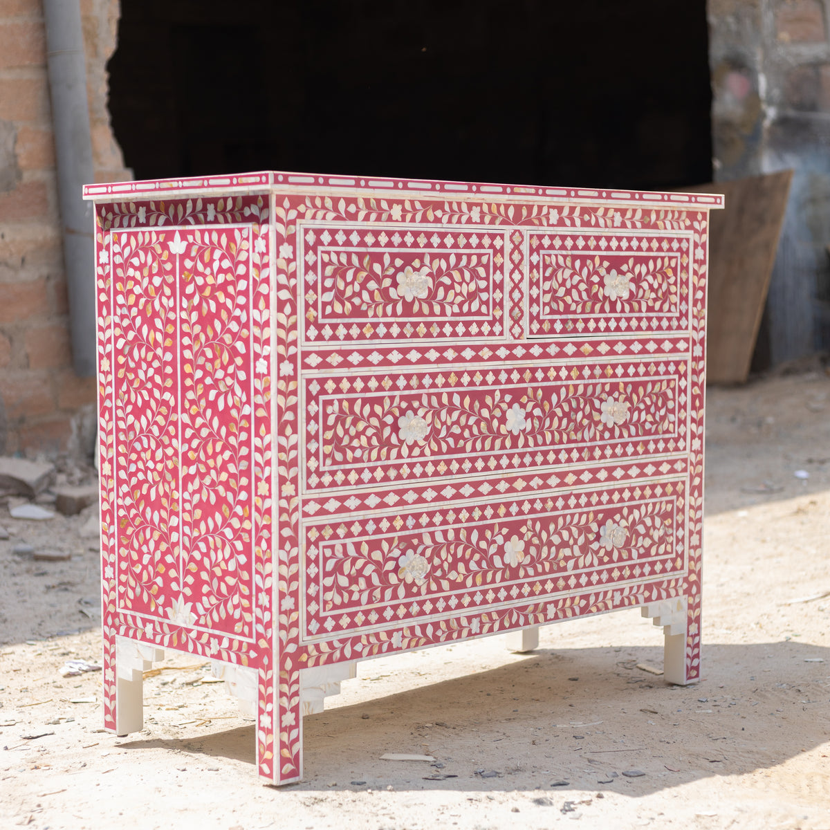 Arabesque Pink Mother of Pearl Inlay Four Drawer Chest