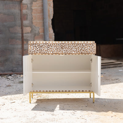 Arabesque Teak Wood Inlay Two-Door Accent Cabinet