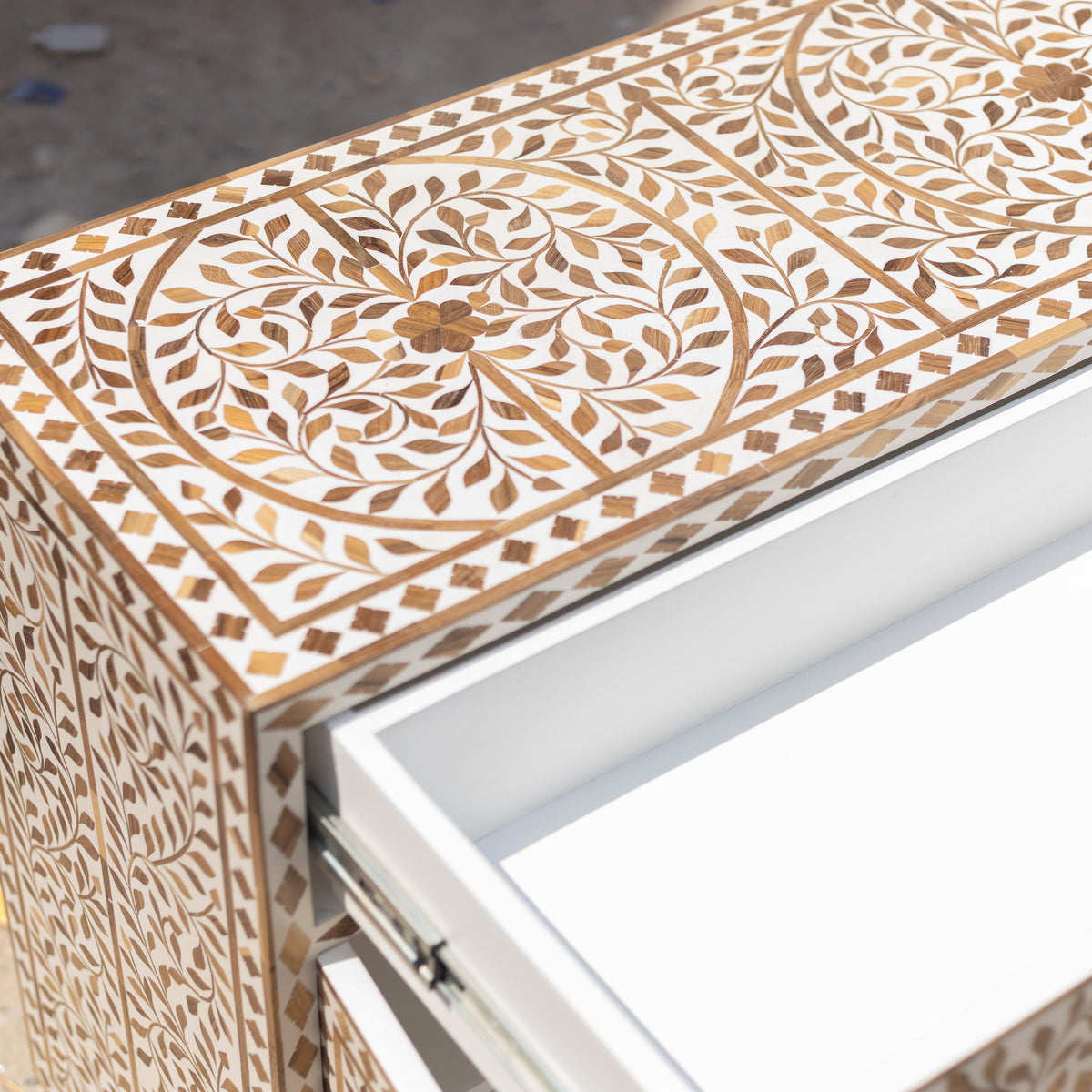 Arabesque Teak Wood Inlay Two-Door Accent Cabinet