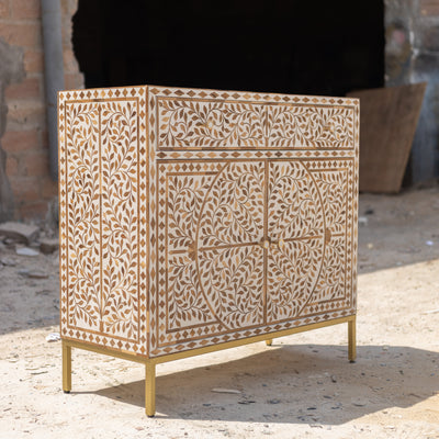 Arabesque Teak Wood Inlay Two-Door Accent Cabinet